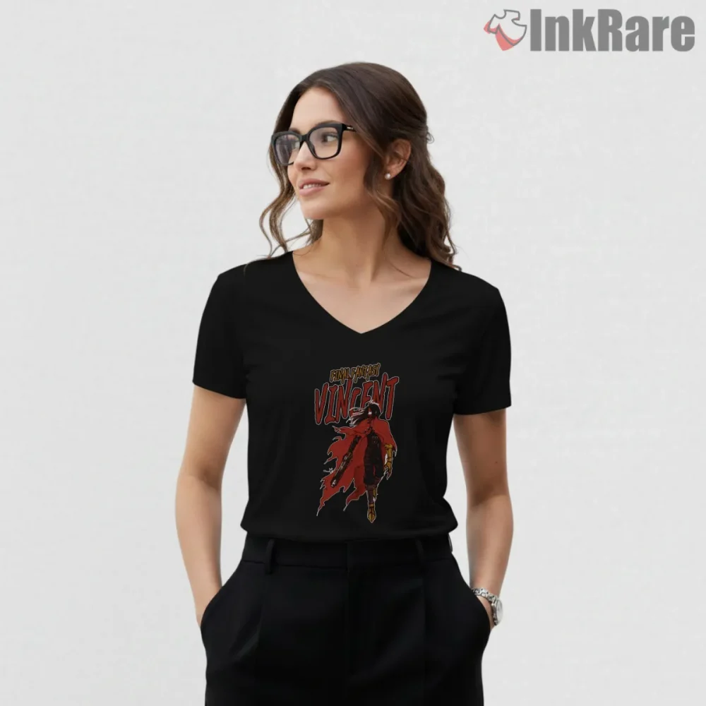 Final Fantasy Vii Vincent Valentine Vintage Comic Poster Shirt on black v-neck shirt for women graphic tee