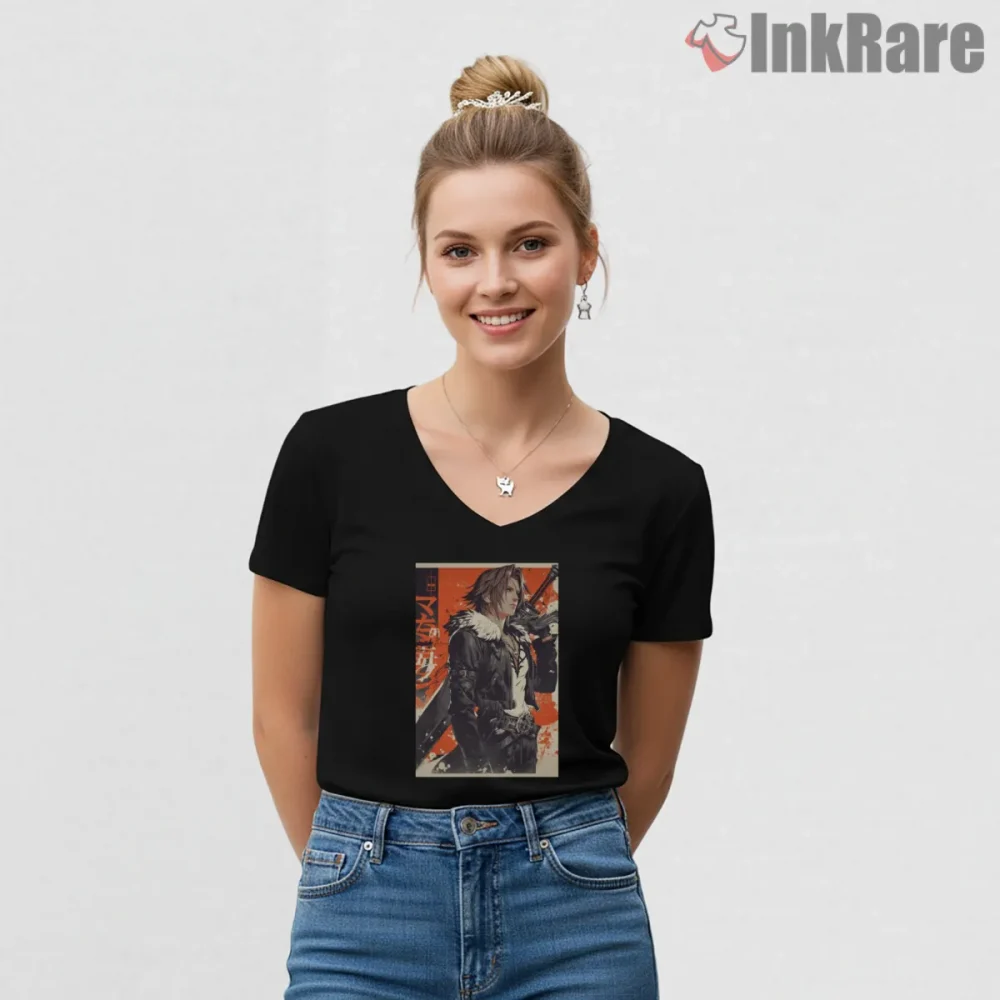 Final Fantasy Viii Squall Leonhart Cinematic Poster Art Shirt on black v-neck shirt for women graphic tee