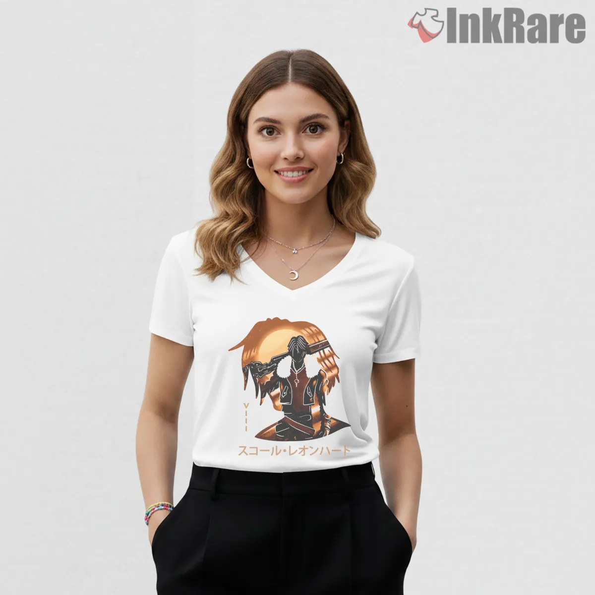 Final Fantasy Viii Squall Seed Commander Sunset Silhouette V Neck White Final Fantasy Viii Squall Seed Commander Sunset Silhouette Shirt on white v-neck shirt for women graphic tee