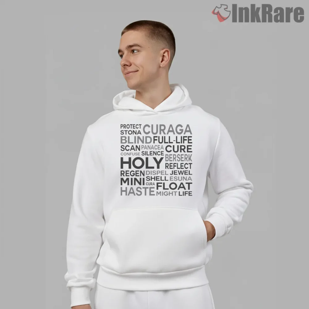 Final Fantasy White Magic Spells Word Cloud Typography Shirt on white hoodie for men graphic tee