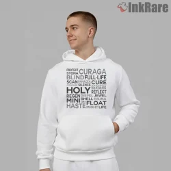Final Fantasy White Magic Spells Word Cloud Typography Shirt on white hoodie for men graphic tee