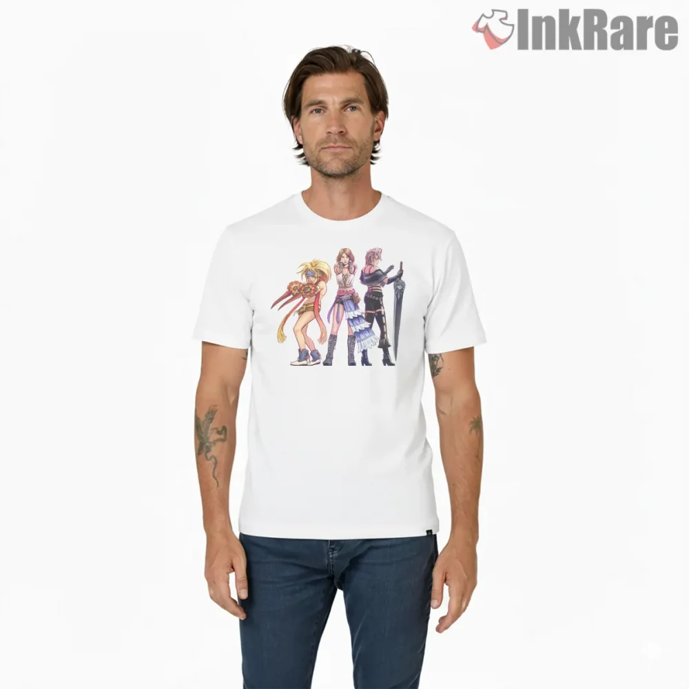 Final Fantasy X 2 Yrp Trio Stylish Group Character Shirt on white short sleeve shirt for men graphic tee