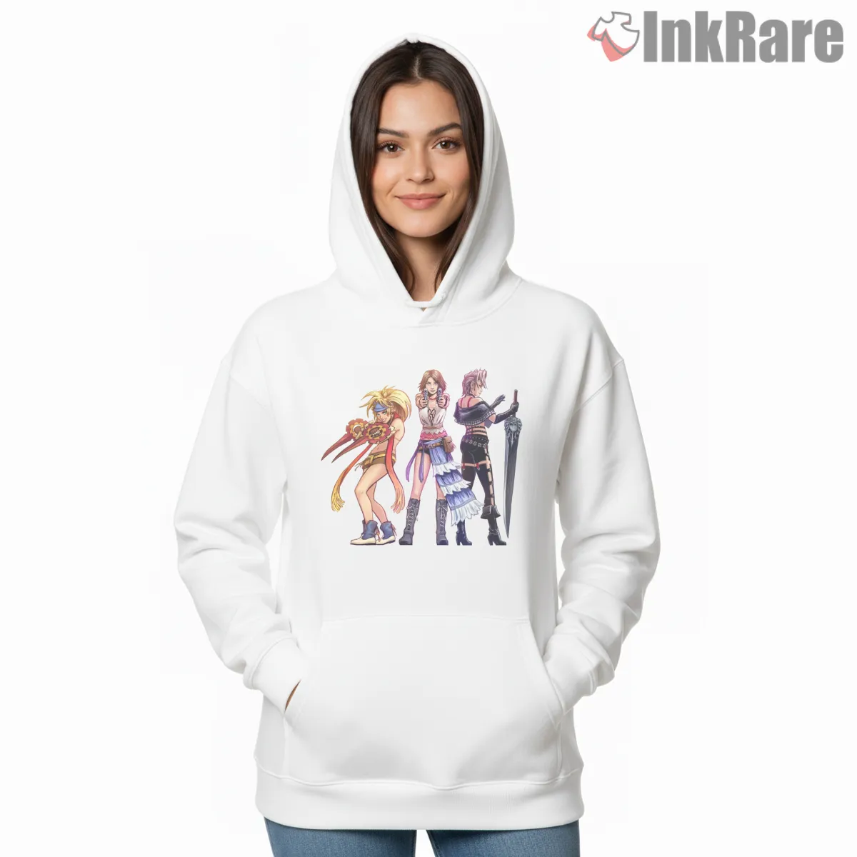 Final Fantasy X 2 Yrp Trio Stylish Group Character Hoodie White Final Fantasy X 2 Yrp Trio Stylish Group Character Shirt on white hoodie for women graphic tee