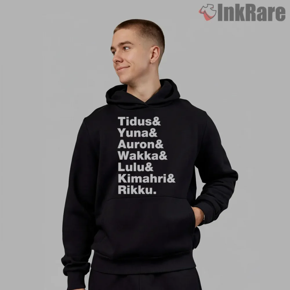 Final Fantasy X Party Names Typography Minimal Shirt on black hoodie for men graphic tee