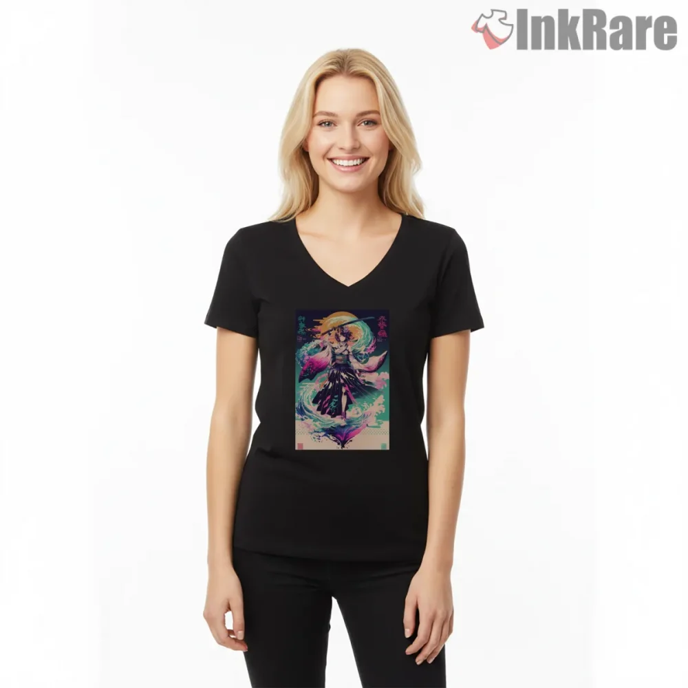 Final Fantasy X Yuna Ethereal Watercolor Fantasy Portrait Shirt on black v-neck shirt for women graphic tee