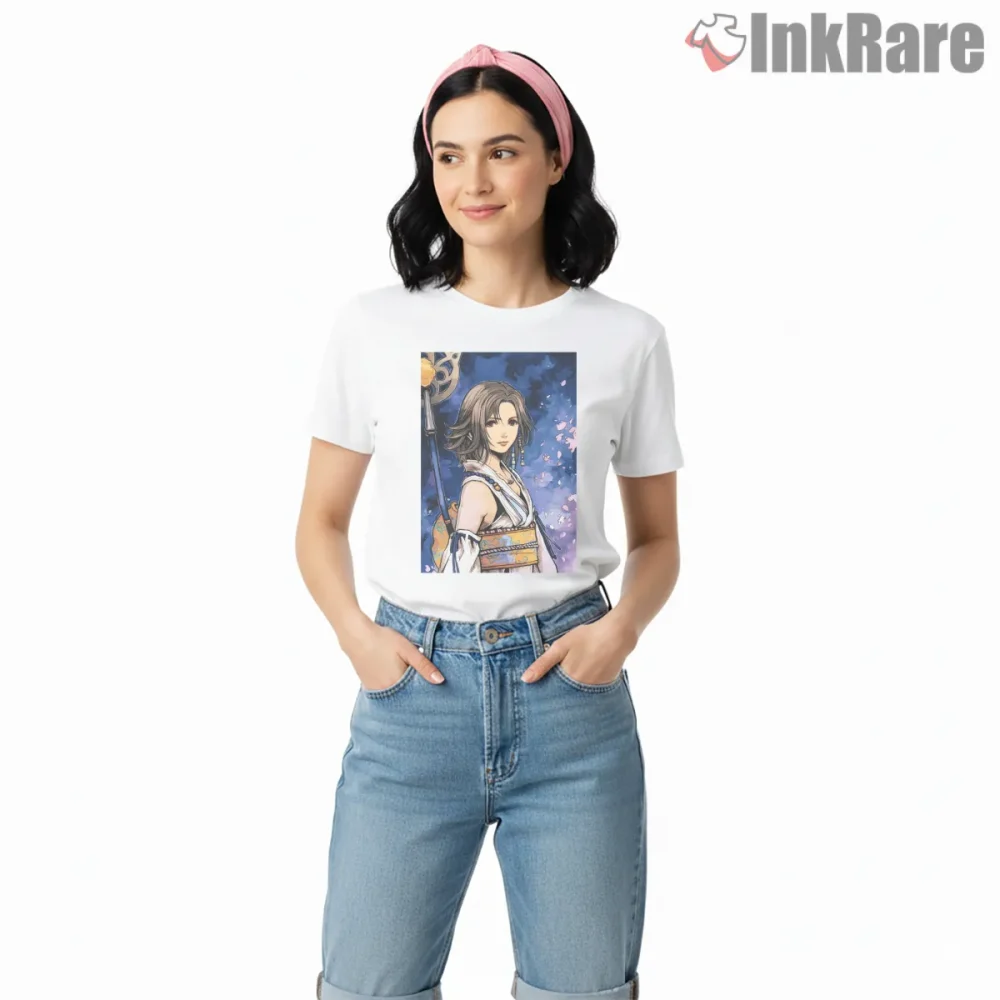Final Fantasy X Yuna Floral Portrait Sacred Summoner Shirt on white short sleeve shirt for women graphic tee