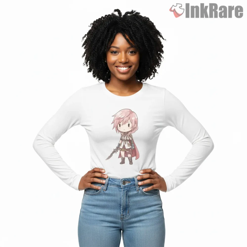 Final Fantasy Xiii Lightning Chibi Warrior Minimal Shirt on white long sleeve shirt for women graphic tee