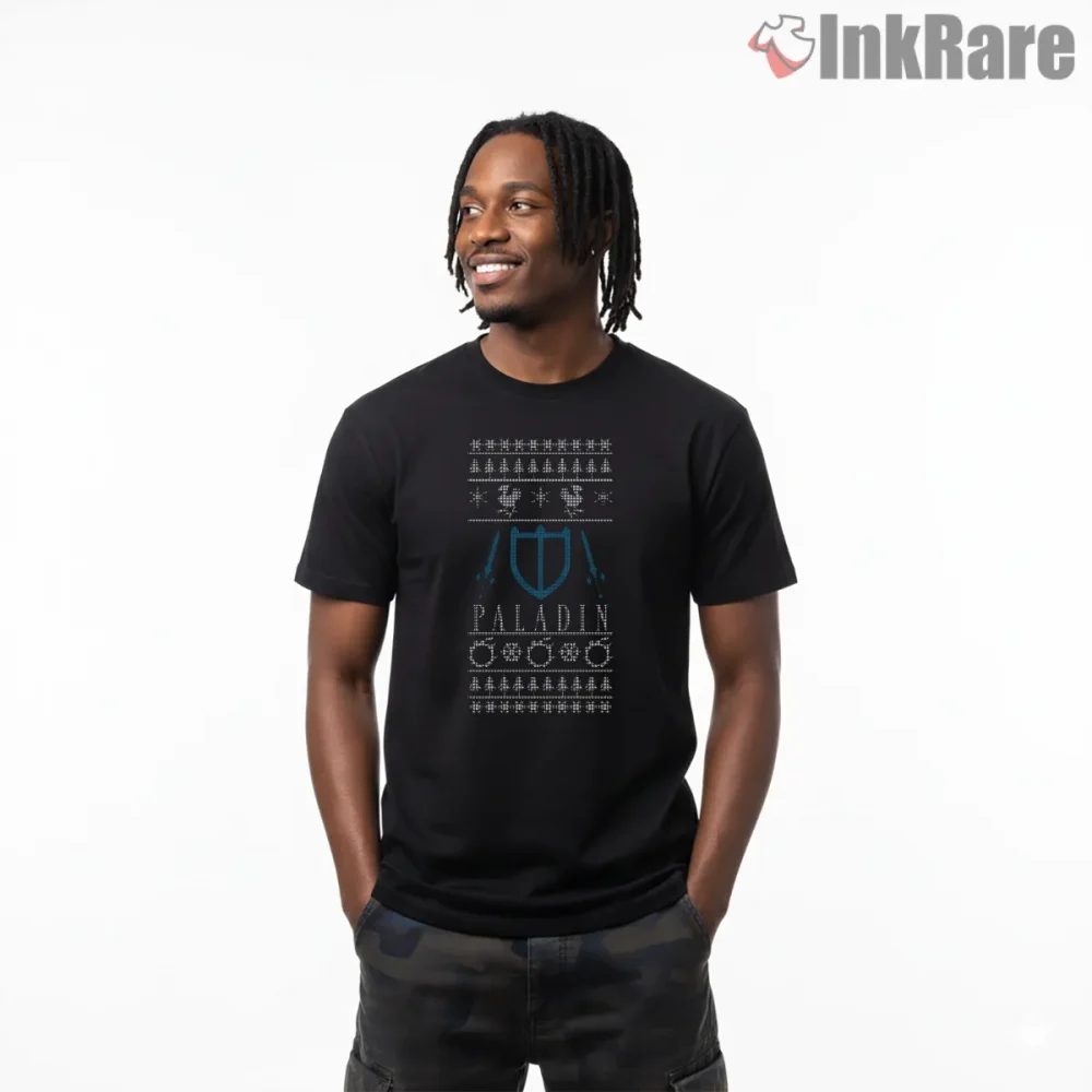 Final Fantasy Xiv Paladin Holiday Knit Pattern Shirt on black short sleeve shirt for men graphic tee