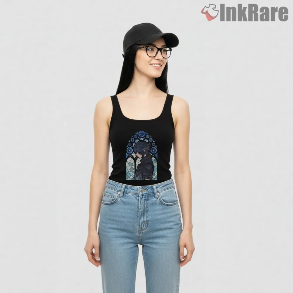 Final Fantasy Xv Noctis Stained Glass Cathedral Portrait Shirt on black tank top for women graphic tee