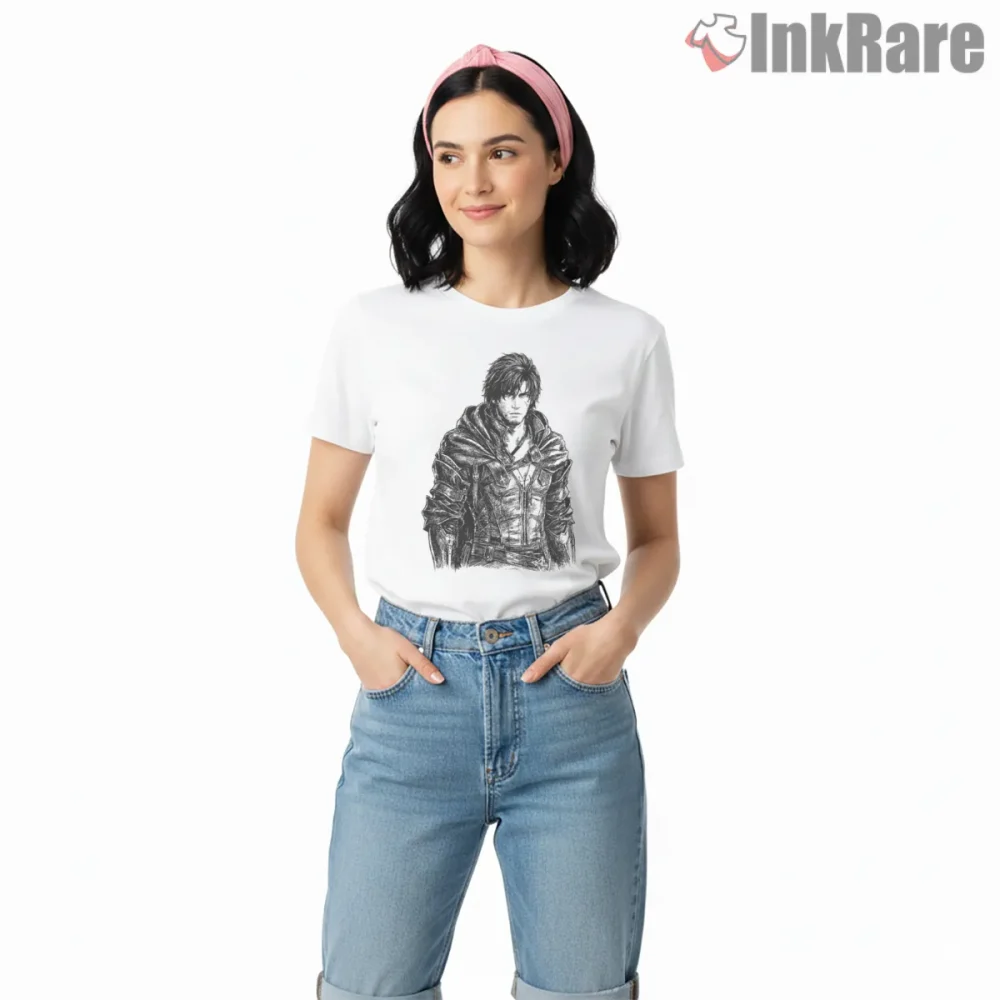 Final Fantasy Xvi Clive Rosfield Dark Sketch Warrior Portrait Shirt on white short sleeve shirt for women graphic tee