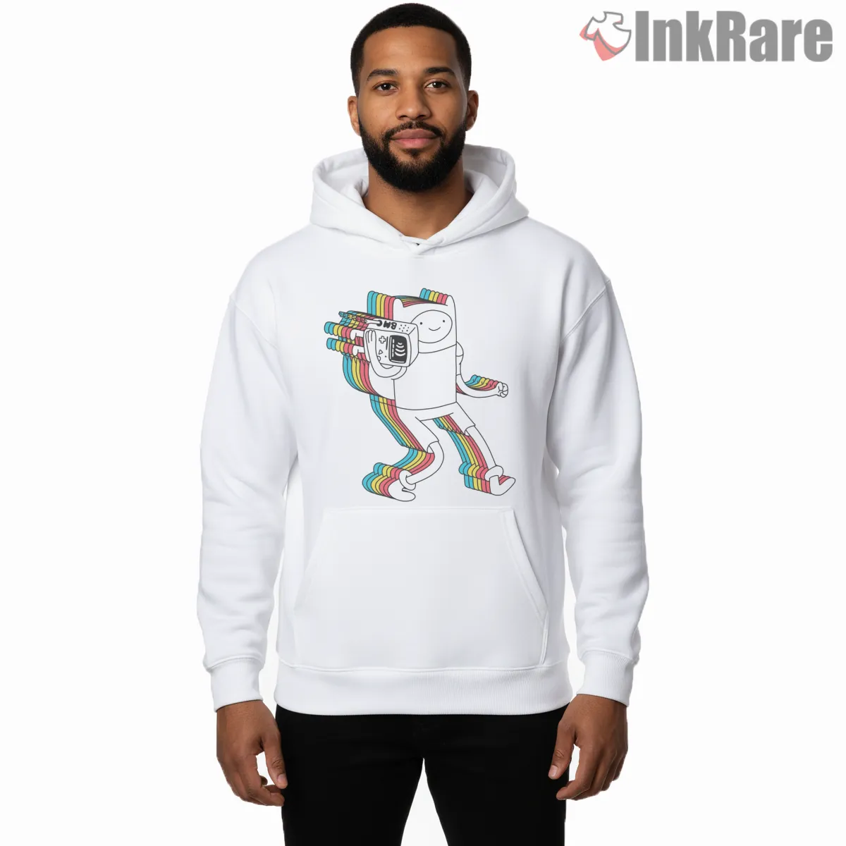 Finn And Bmo Rainbow Motion Outline Cartoon Hoodie White Finn And Bmo Rainbow Motion Outline Cartoon Shirt on white hoodie for men graphic tee