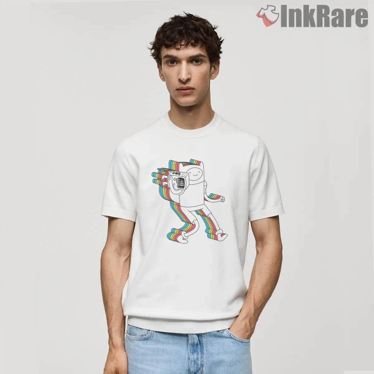 Finn And Bmo Rainbow Motion Outline Cartoon Short Sleeve White Finn And Bmo Rainbow Motion Outline Cartoon Shirt on white short sleeve shirt for men graphic tee