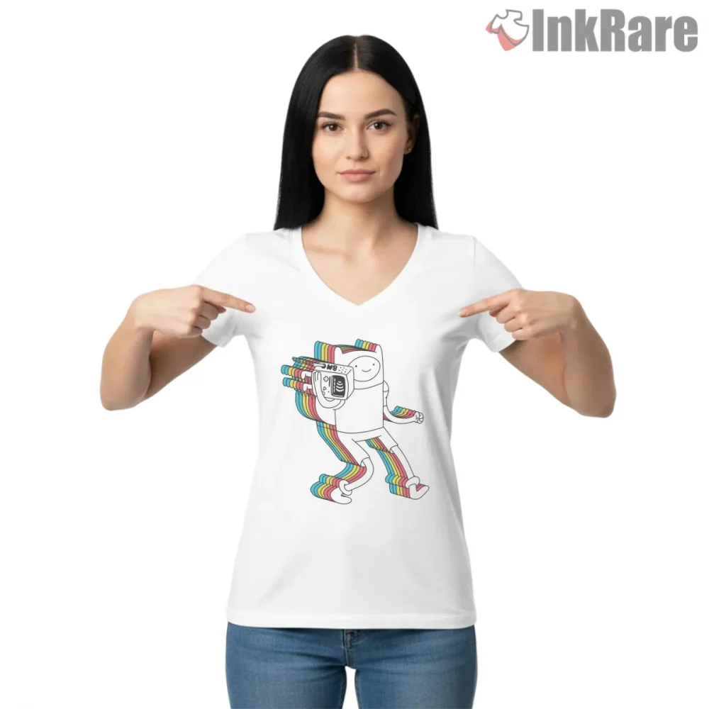 Finn And Bmo Rainbow Motion Outline Cartoon Shirt on white v-neck shirt for women graphic tee