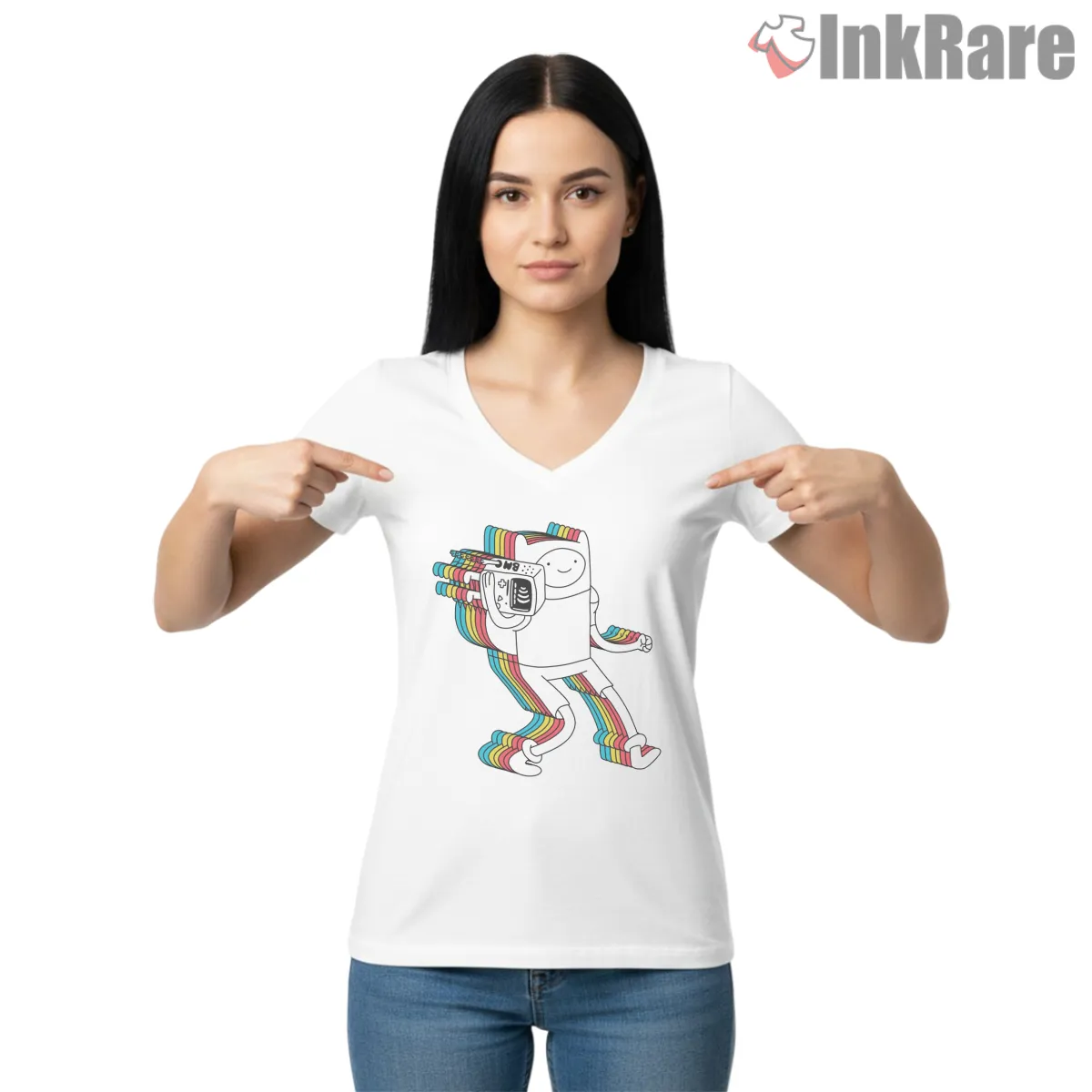 Finn And Bmo Rainbow Motion Outline Cartoon V Neck White Finn And Bmo Rainbow Motion Outline Cartoon Shirt on white v-neck shirt for women graphic tee