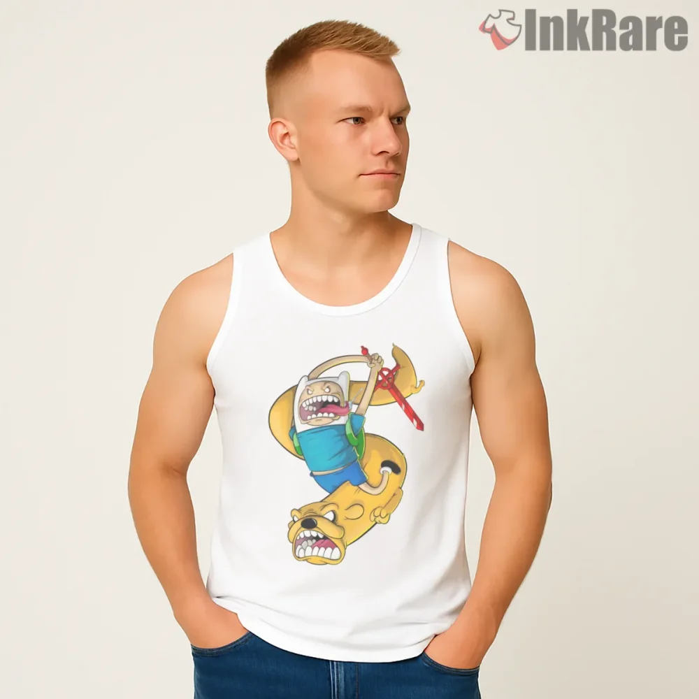 Finn And Jake Battle Heroes Action Cartoon Shirt on white tank top for men graphic tee