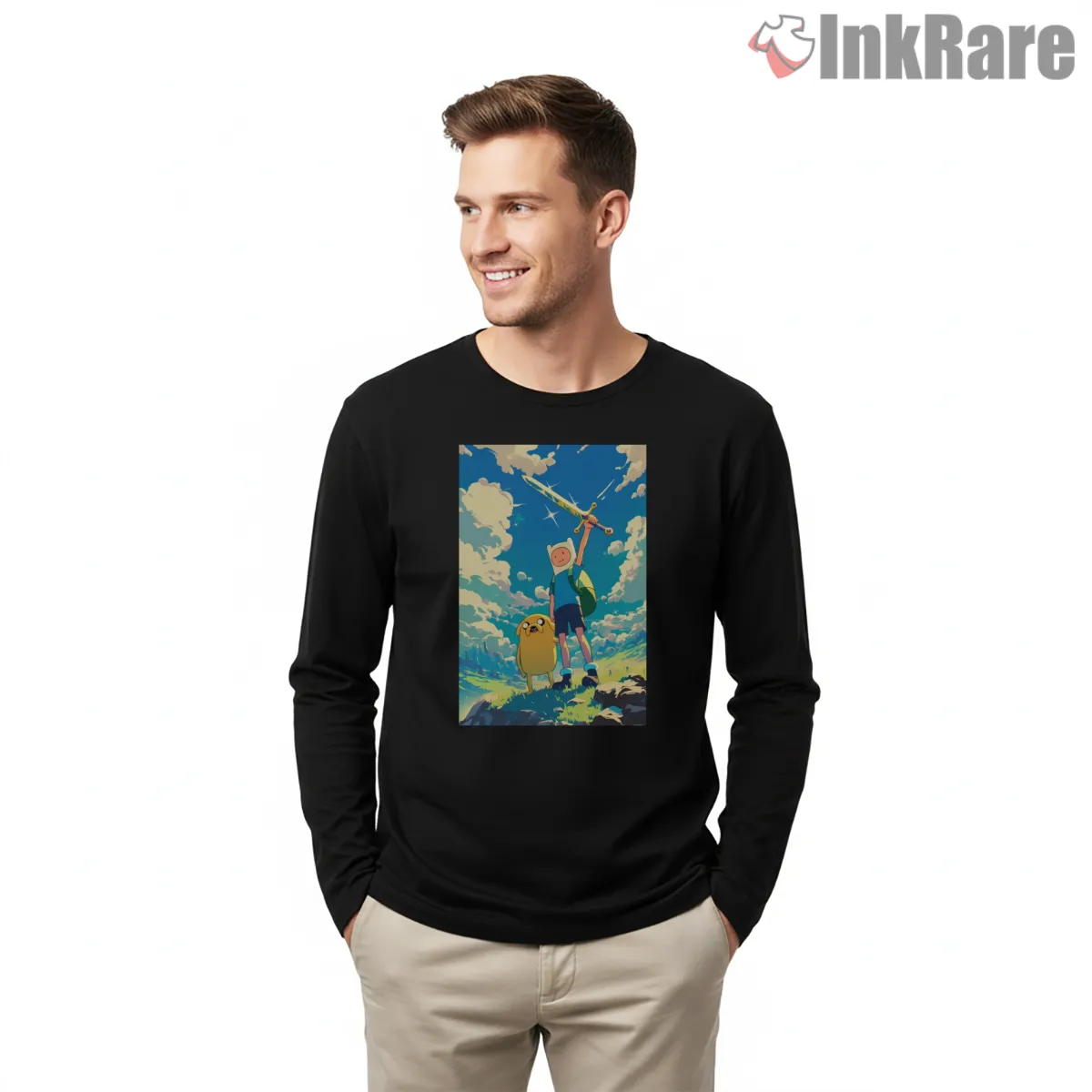 Finn And Jake Battle Ready Epic Sky Cartoon Long Sleeve Black Finn And Jake Battle Ready Epic Sky Cartoon Shirt on black long sleeve shirt for men graphic tee
