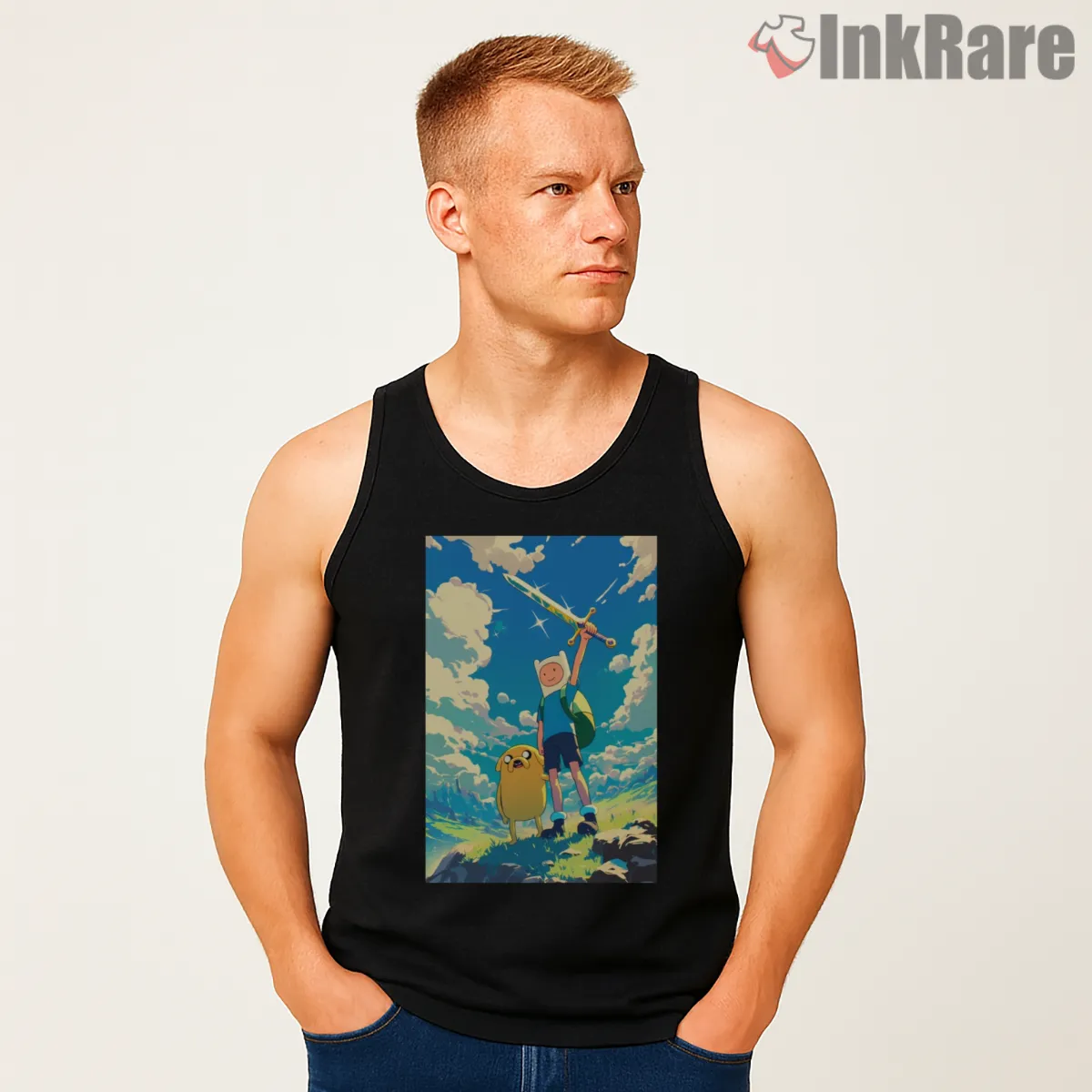 Finn And Jake Battle Ready Epic Sky Cartoon Tank Top Black Finn And Jake Battle Ready Epic Sky Cartoon Shirt on black tank top for men graphic tee