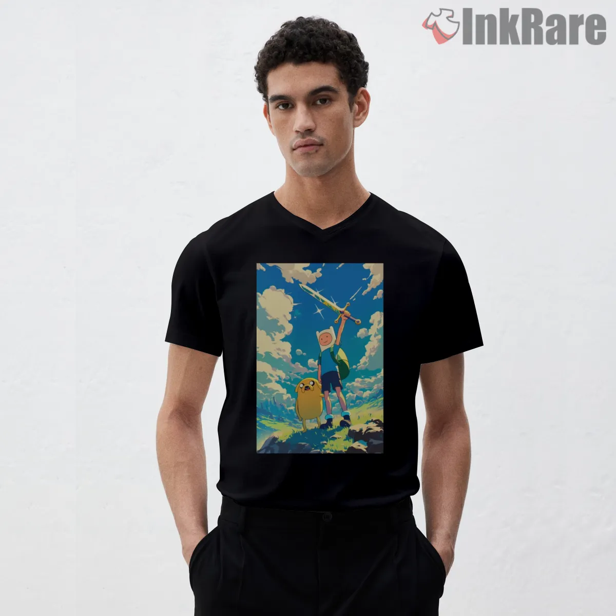 Finn And Jake Battle Ready Epic Sky Cartoon V Neck Black Finn And Jake Battle Ready Epic Sky Cartoon Shirt on black v-neck shirt for men graphic tee