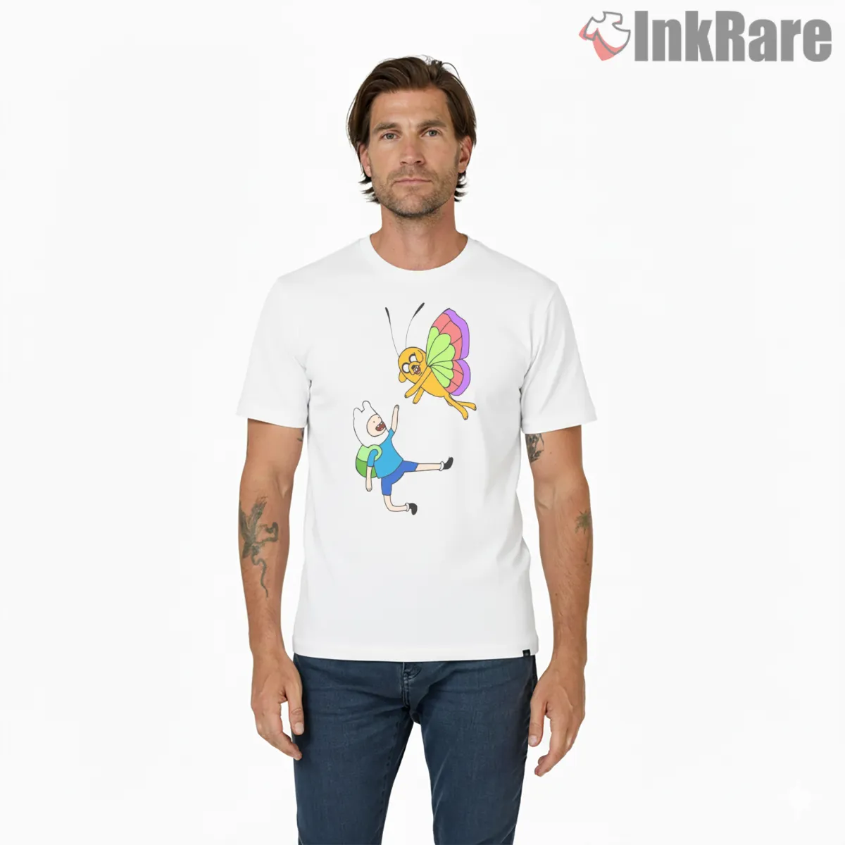 Finn And Jake Butterfly Ride Whimsical Cartoon Shirt on white short sleeve shirt for men graphic tee