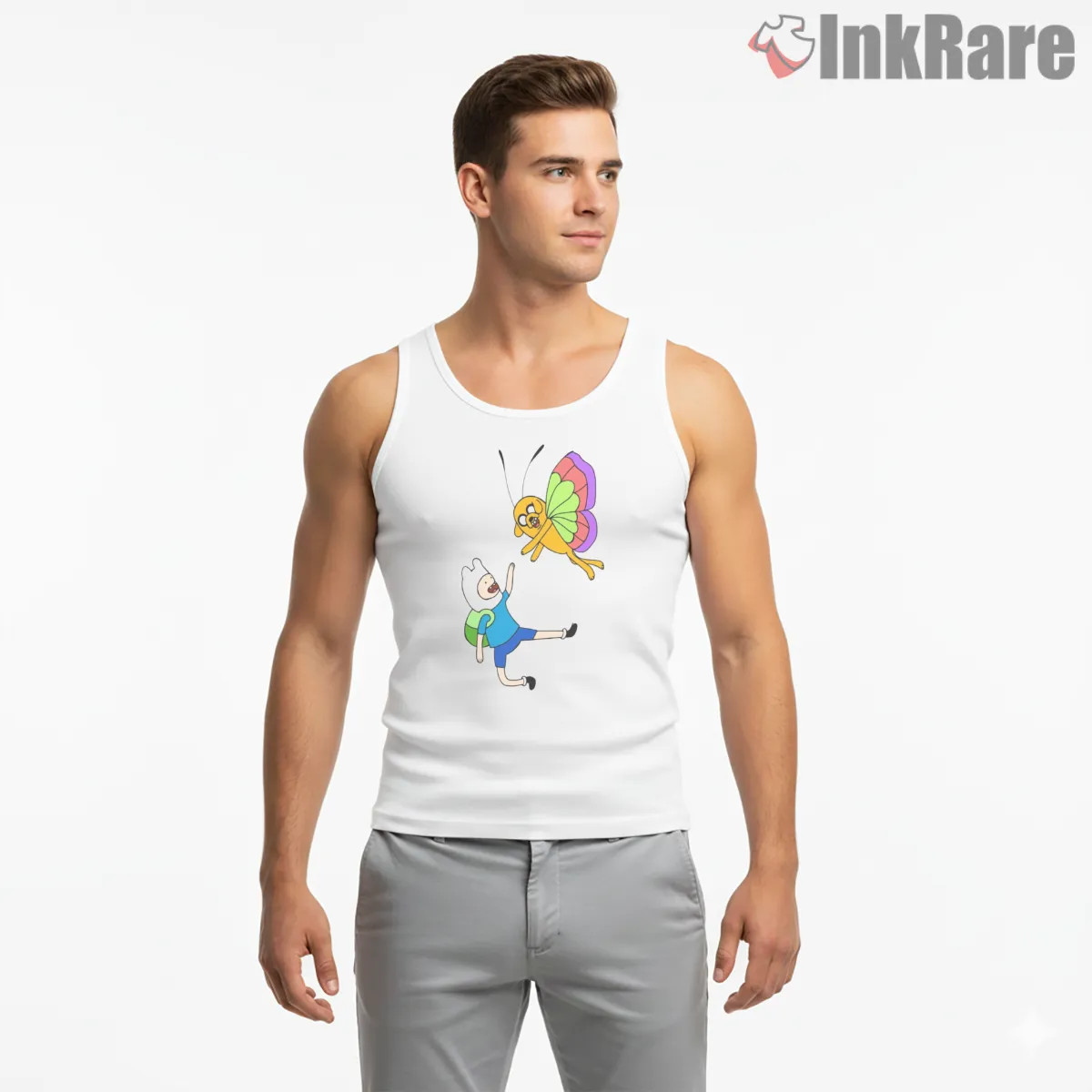 Finn And Jake Butterfly Ride Whimsical Cartoon Tank Top White Finn And Jake Butterfly Ride Whimsical Cartoon Shirt on white tank top for men graphic tee