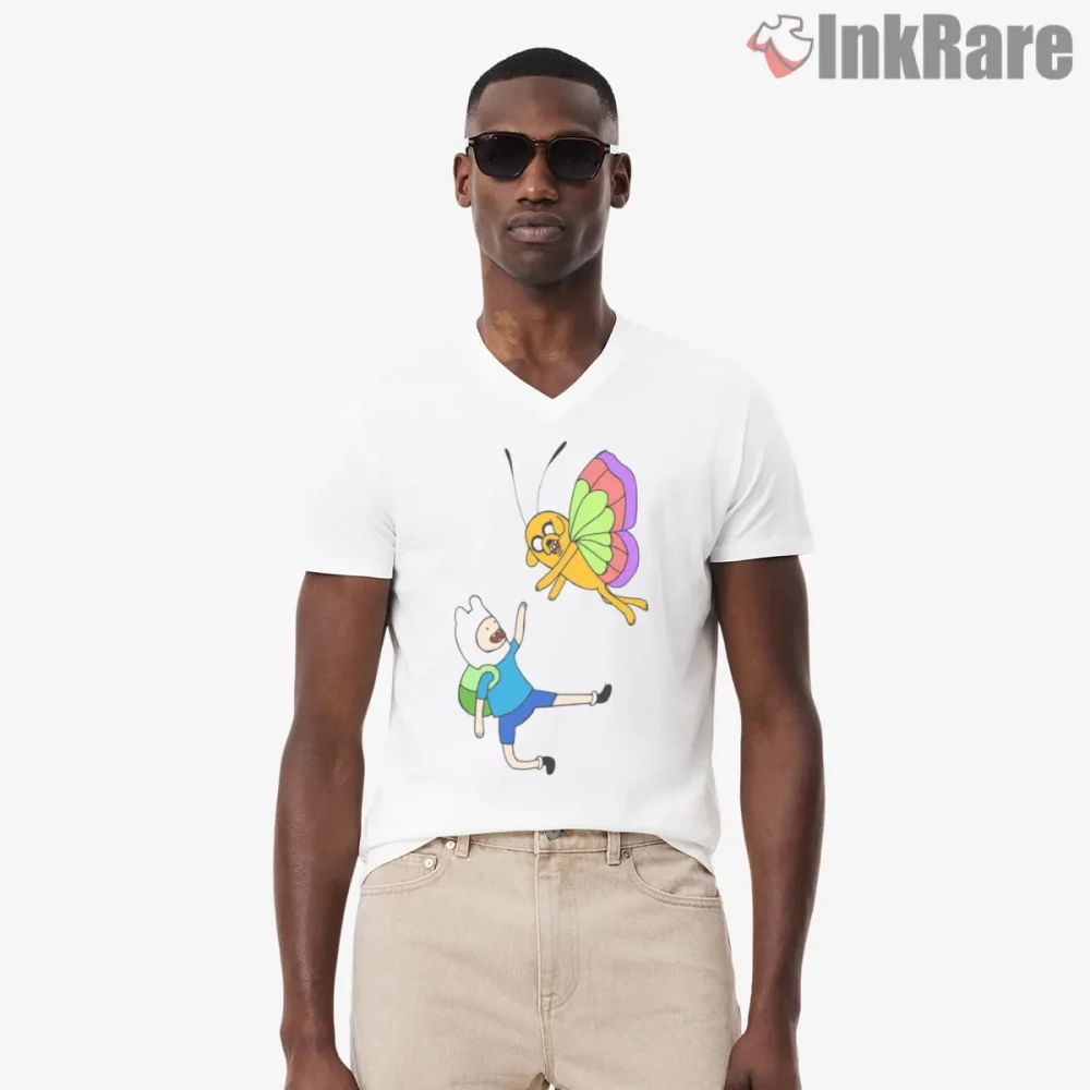 Finn And Jake Butterfly Ride Whimsical Cartoon Shirt on white v-neck shirt for men graphic tee