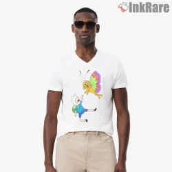 Finn And Jake Butterfly Ride Whimsical Cartoon Shirt on white v-neck shirt for men graphic tee