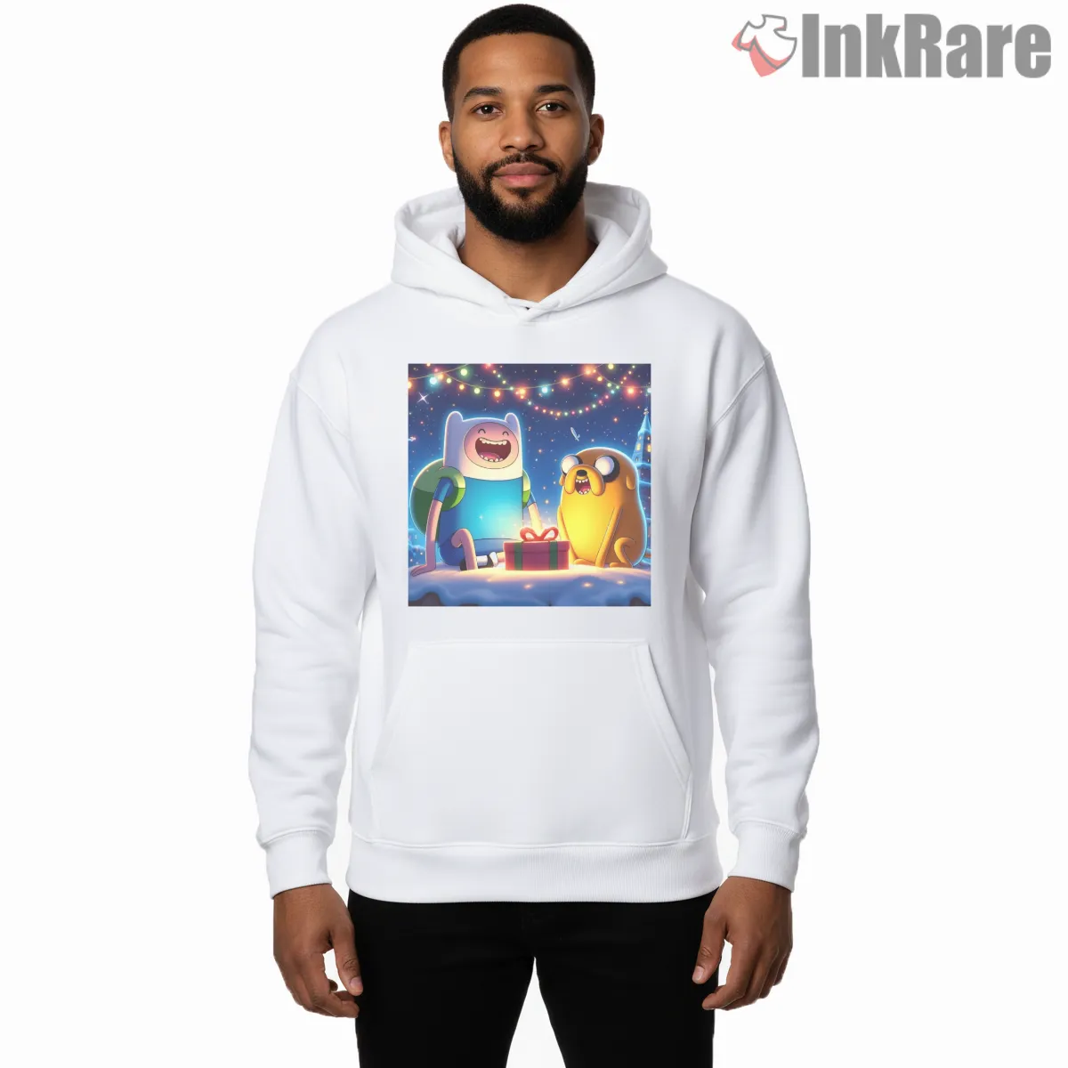 Finn And Jake Christmas Night Holiday Cartoon Hoodie White Finn And Jake Christmas Night Holiday Cartoon Shirt on white hoodie for men graphic tee