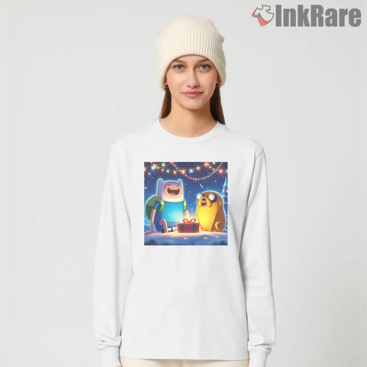 Finn And Jake Christmas Night Holiday Cartoon Long Sleeve White Finn And Jake Christmas Night Holiday Cartoon Shirt on white long sleeve shirt for women graphic tee