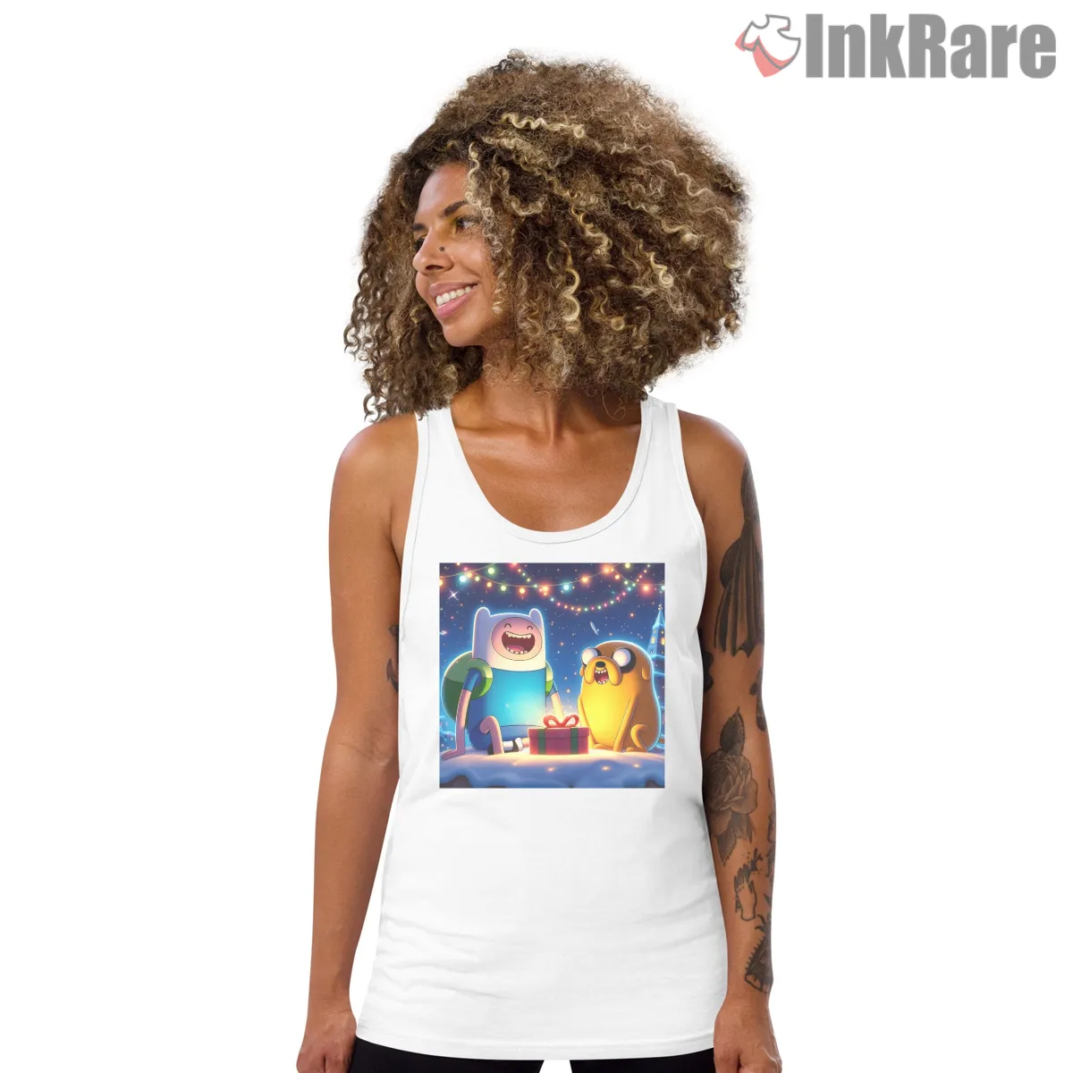 Finn And Jake Christmas Night Holiday Cartoon Tank Top White Finn And Jake Christmas Night Holiday Cartoon Shirt on white tank top for women graphic tee