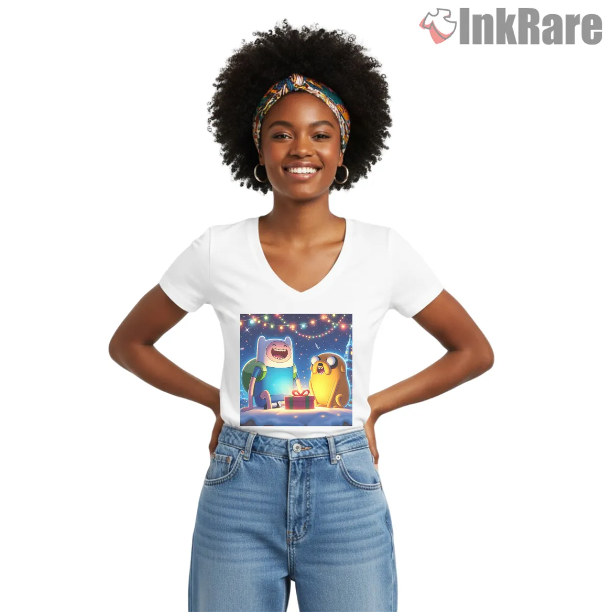 Finn And Jake Christmas Night Holiday Cartoon V Neck White Finn And Jake Christmas Night Holiday Cartoon Shirt on white v-neck shirt for women graphic tee