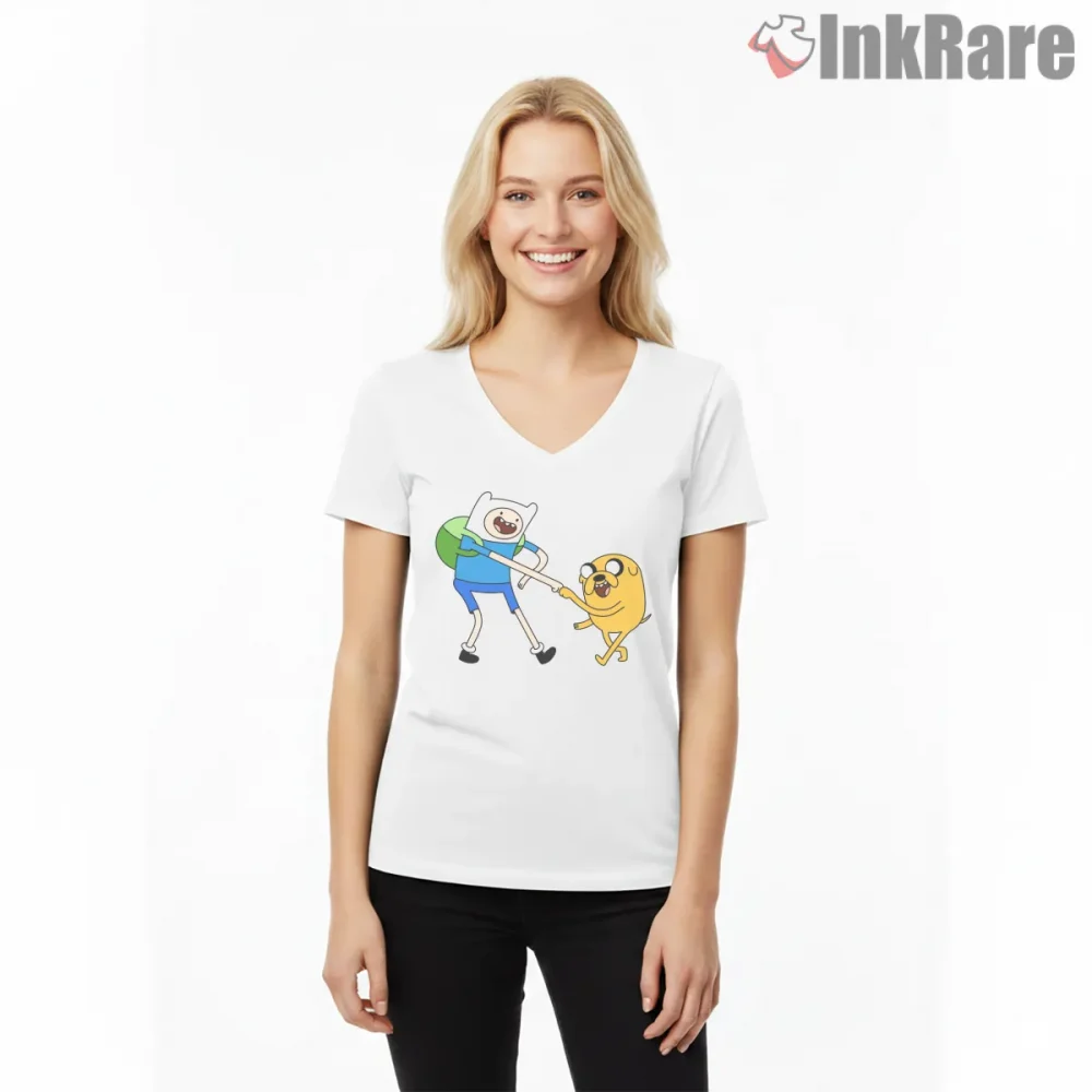Finn And Jake Fist Bump Friendship Cartoon Shirt on white v-neck shirt for women graphic tee