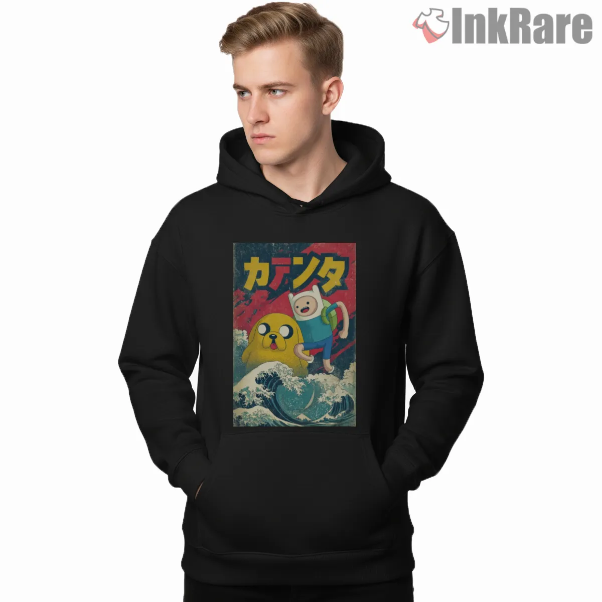 Finn And Jake Great Wave Art Mashup Cartoon Hoodie Black Finn And Jake Great Wave Art Mashup Cartoon Shirt on black hoodie for men graphic tee
