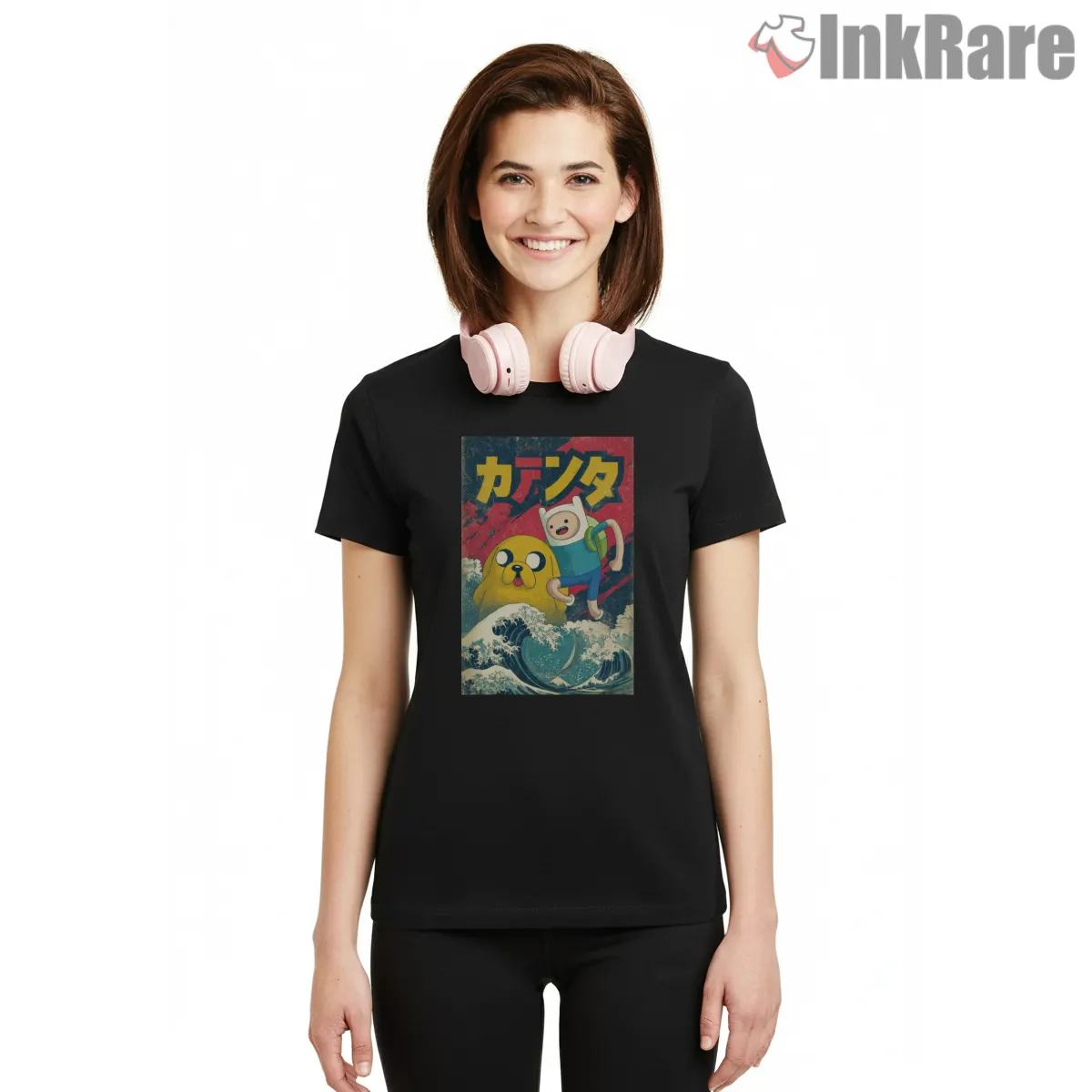 Finn And Jake Great Wave Art Mashup Cartoon Short Sleeve Black Finn And Jake Great Wave Art Mashup Cartoon Shirt on black short sleeve shirt for women graphic tee