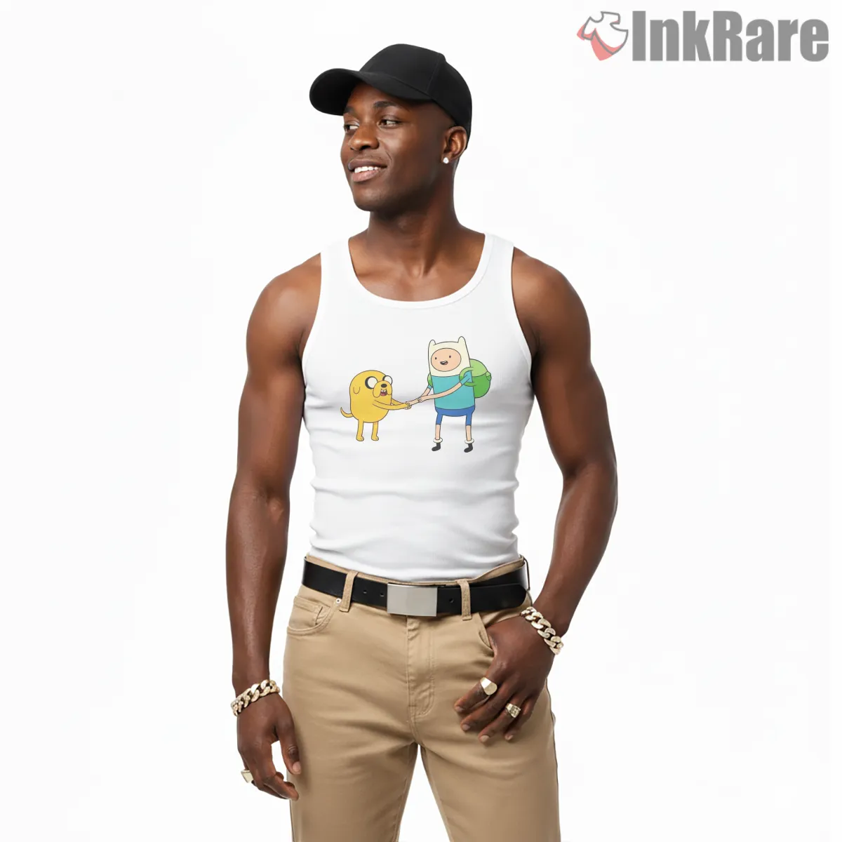 Finn And Jake Handshake Friendship Cartoon Tank Top White Finn And Jake Handshake Friendship Cartoon Shirt on white tank top for men graphic tee