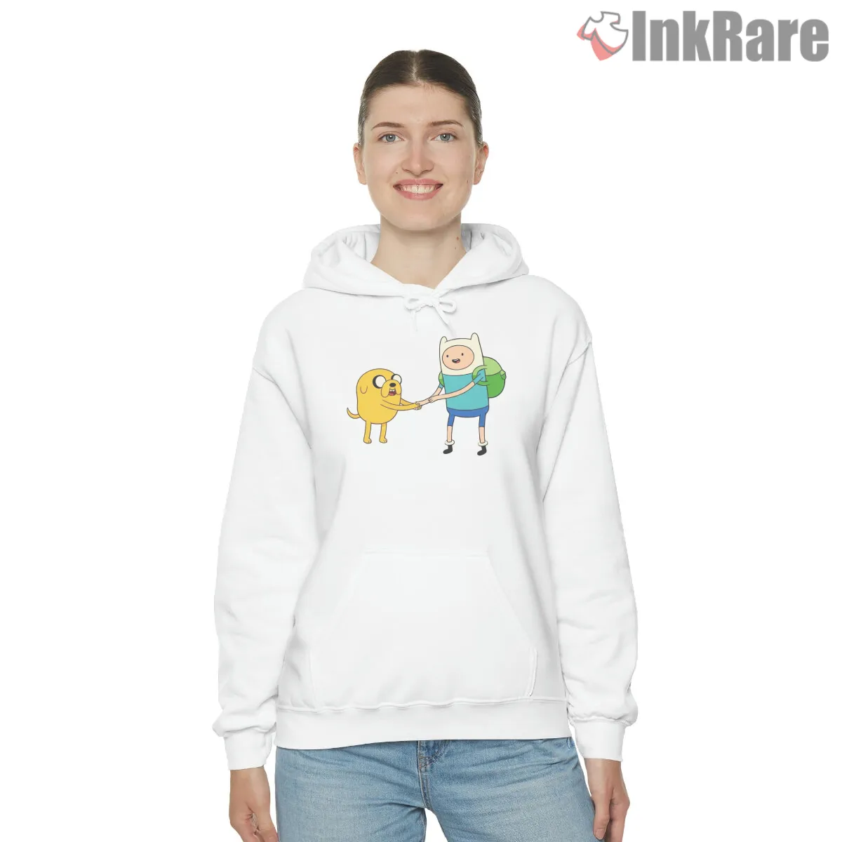 Finn And Jake Handshake Friendship Cartoon Hoodie White Finn And Jake Handshake Friendship Cartoon Shirt on white hoodie for women graphic tee