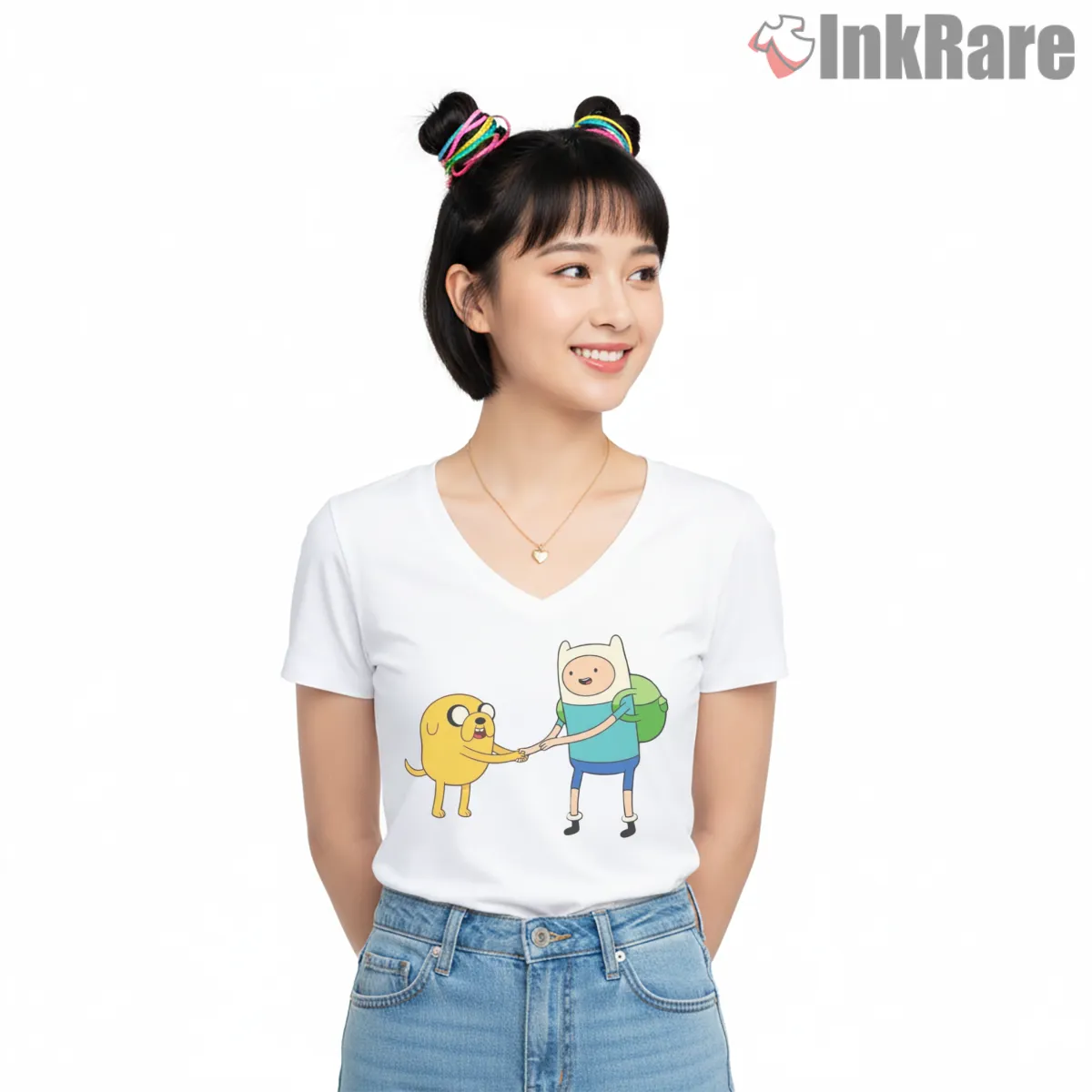 Finn And Jake Handshake Friendship Cartoon V Neck White Finn And Jake Handshake Friendship Cartoon Shirt on white v-neck shirt for women graphic tee