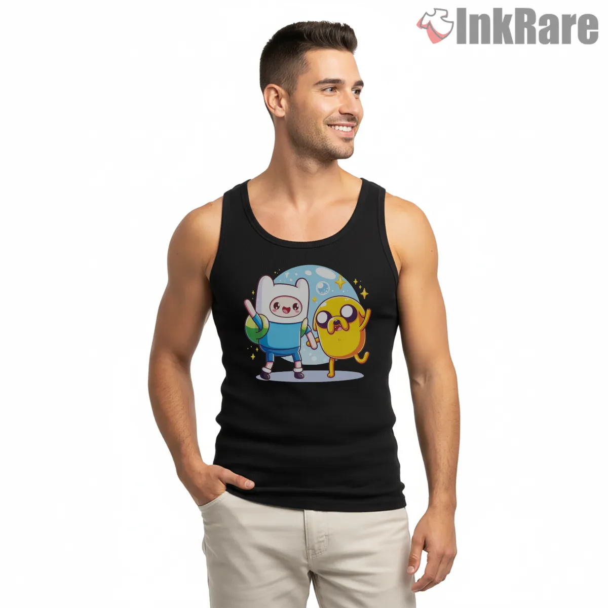 Finn And Jake Happy Celebration Cartoon Tank Top Black Finn And Jake Happy Celebration Cartoon Shirt on black tank top for men graphic tee