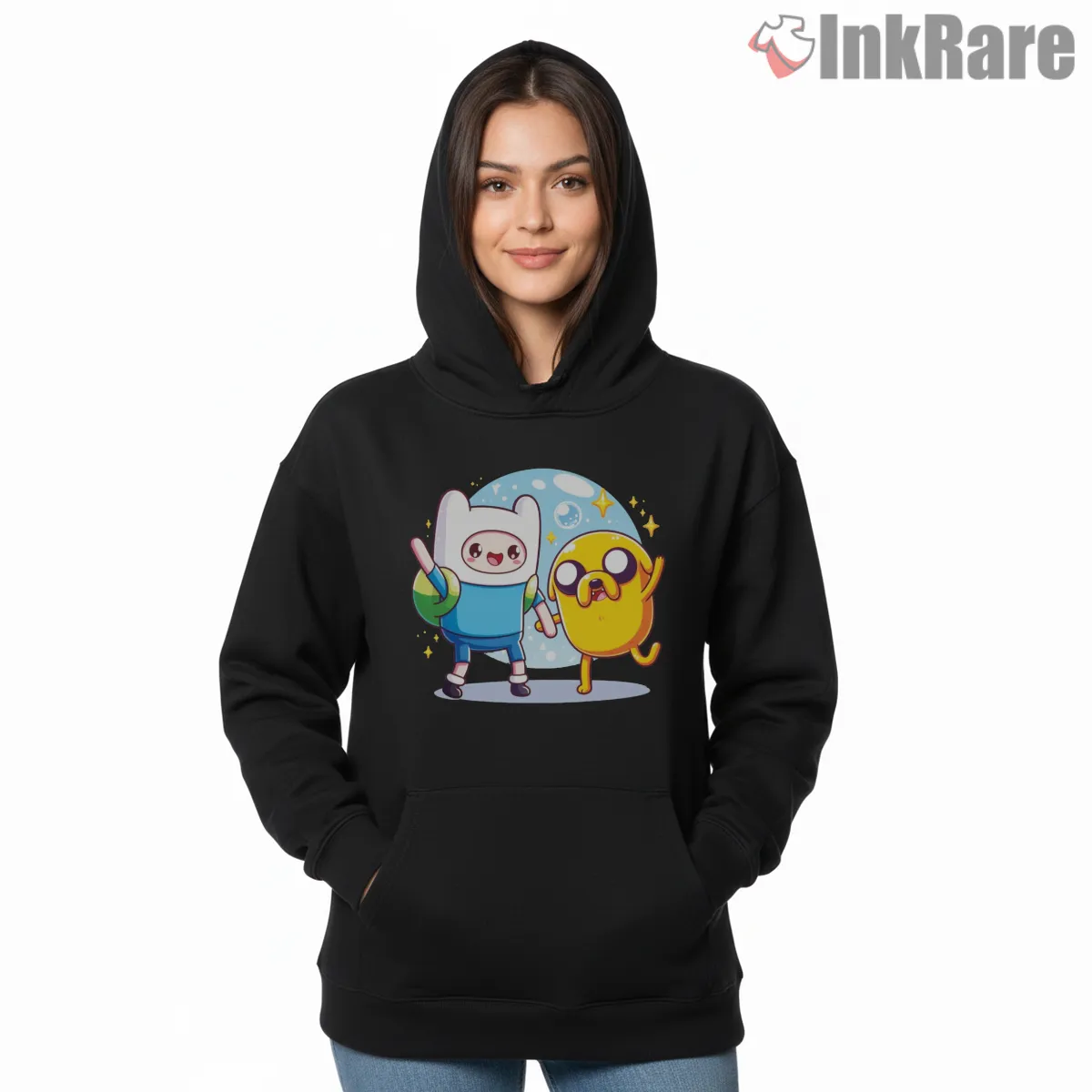 Finn And Jake Happy Celebration Cartoon Hoodie Black Finn And Jake Happy Celebration Cartoon Shirt on black hoodie for women graphic tee