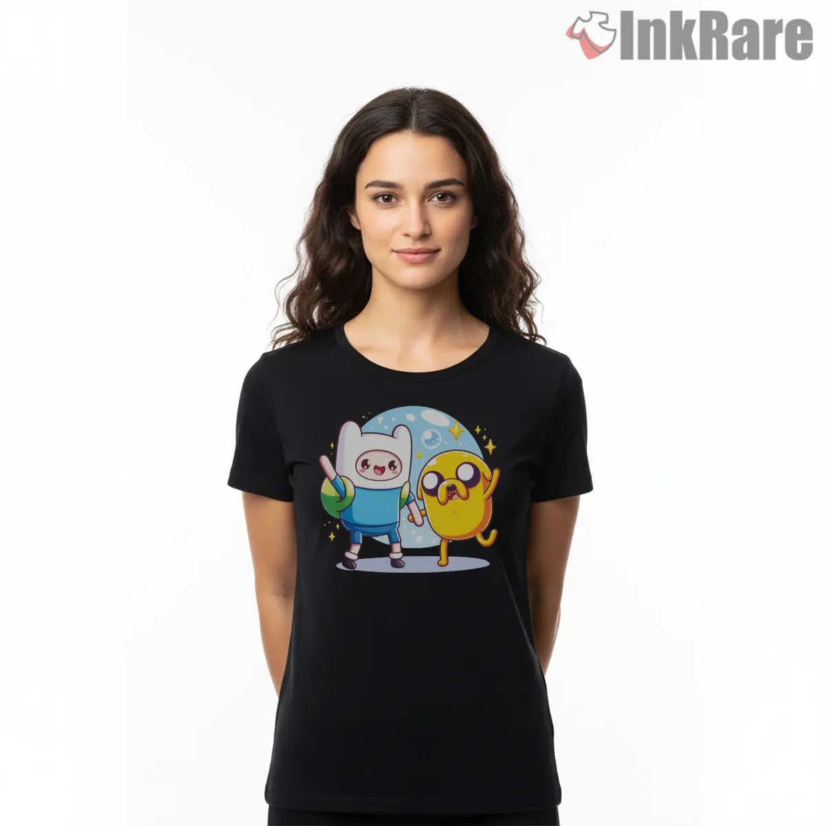 Finn And Jake Happy Celebration Cartoon Short Sleeve Black Finn And Jake Happy Celebration Cartoon Shirt on black short sleeve shirt for women graphic tee