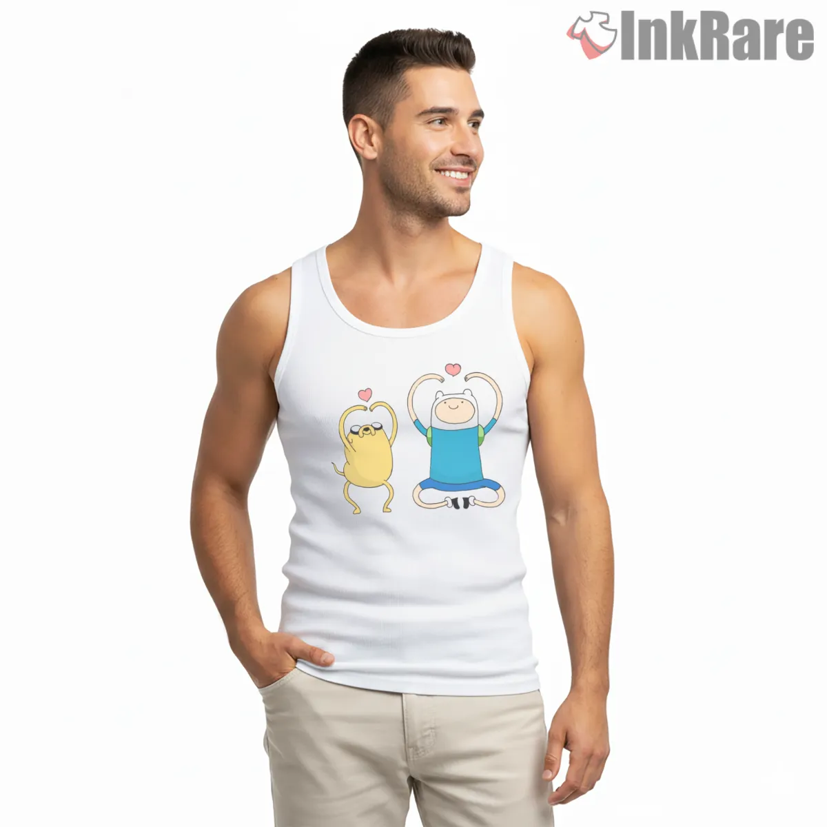 Finn And Jake Hearts Cute Friendship Cartoon Tank Top White Finn And Jake Hearts Cute Friendship Cartoon Shirt on white tank top for men graphic tee