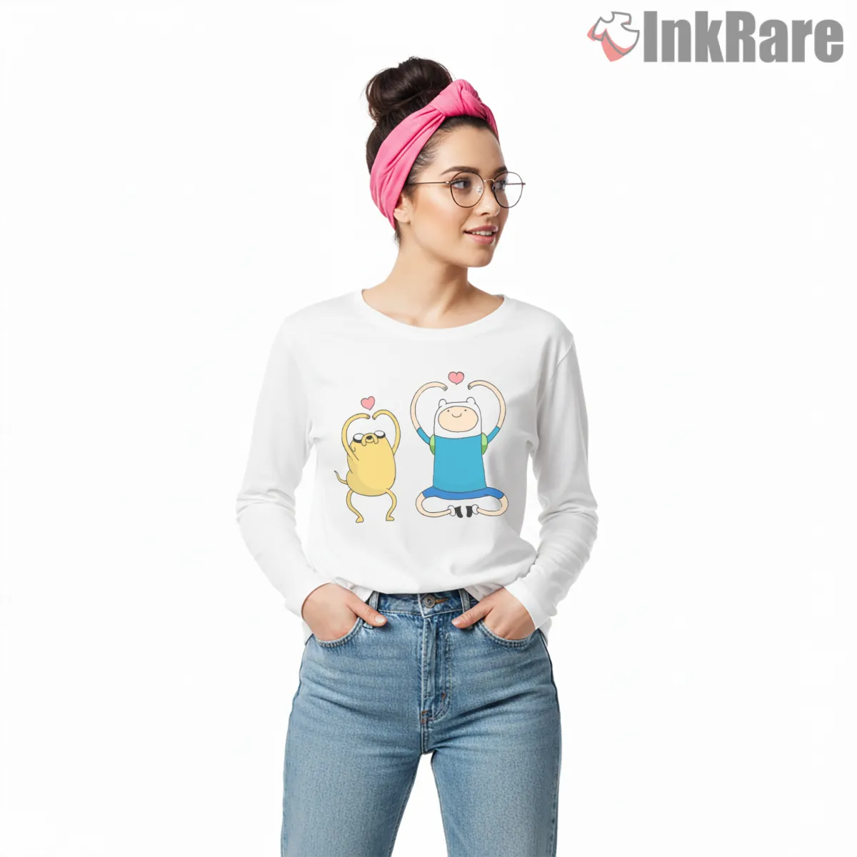 Finn And Jake Hearts Cute Friendship Cartoon Long Sleeve White Finn And Jake Hearts Cute Friendship Cartoon Shirt on white long sleeve shirt for women graphic tee