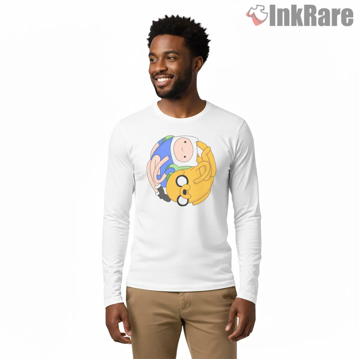 Finn And Jake Hug Cute Cartoon Friendship Long Sleeve White Finn And Jake Hug Cute Cartoon Friendship Shirt on white long sleeve shirt for men graphic tee