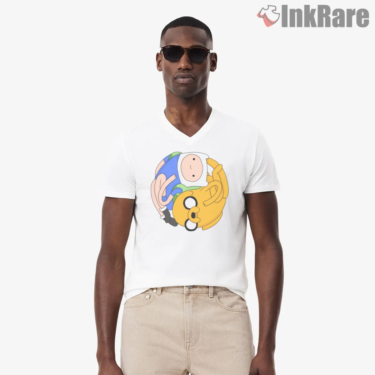 Finn And Jake Hug Cute Cartoon Friendship V Neck White Finn And Jake Hug Cute Cartoon Friendship Shirt on white v-neck shirt for men graphic tee