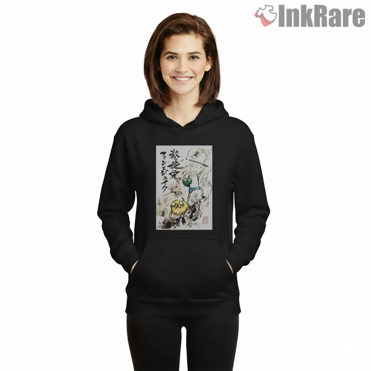 Finn And Jake Japanese Ink Wash Art Cartoon Shirt on black hoodie for women graphic tee