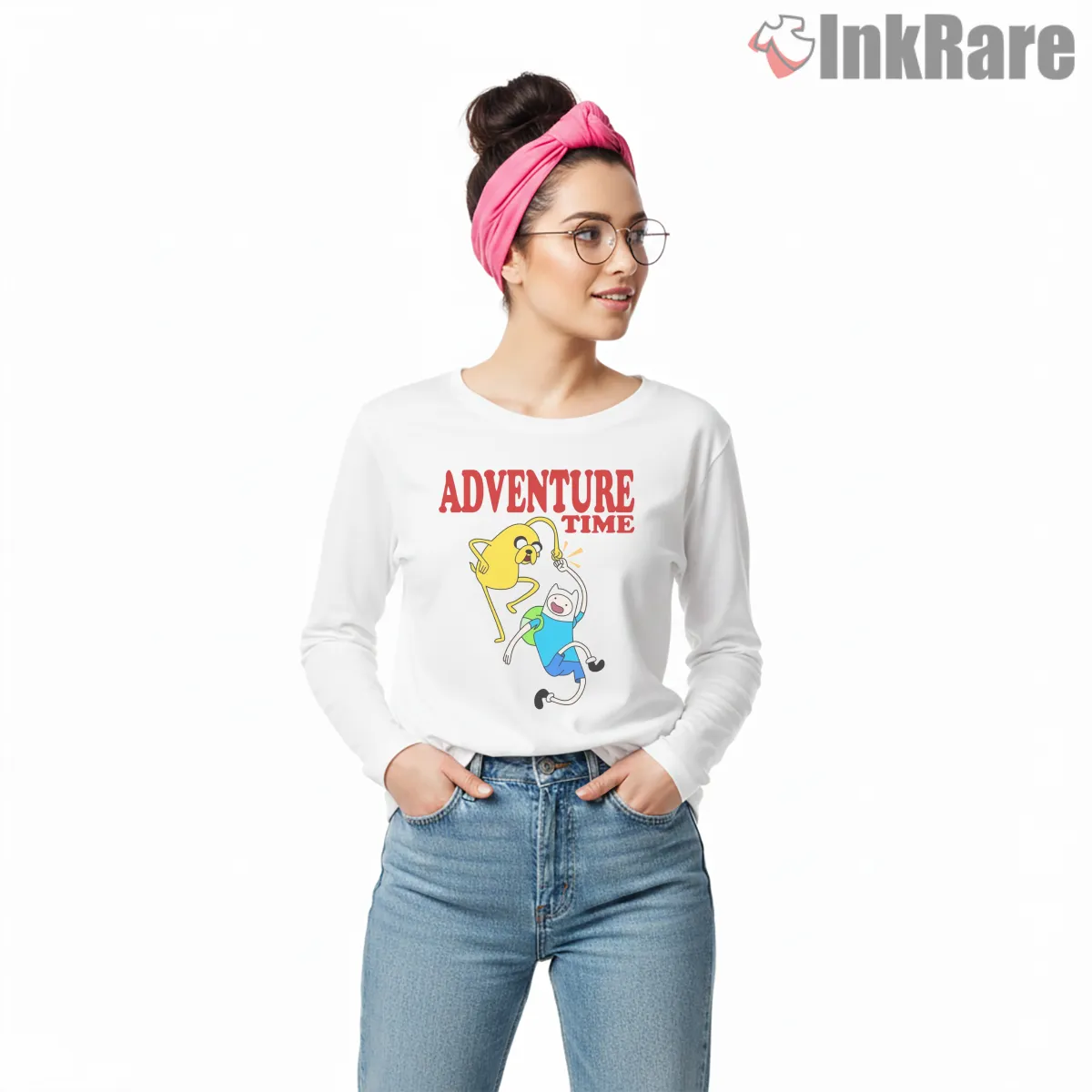 Finn And Jake Jumping Adventure Logo Cartoon Long Sleeve White Finn And Jake Jumping Adventure Logo Cartoon Shirt on white long sleeve shirt for women graphic tee