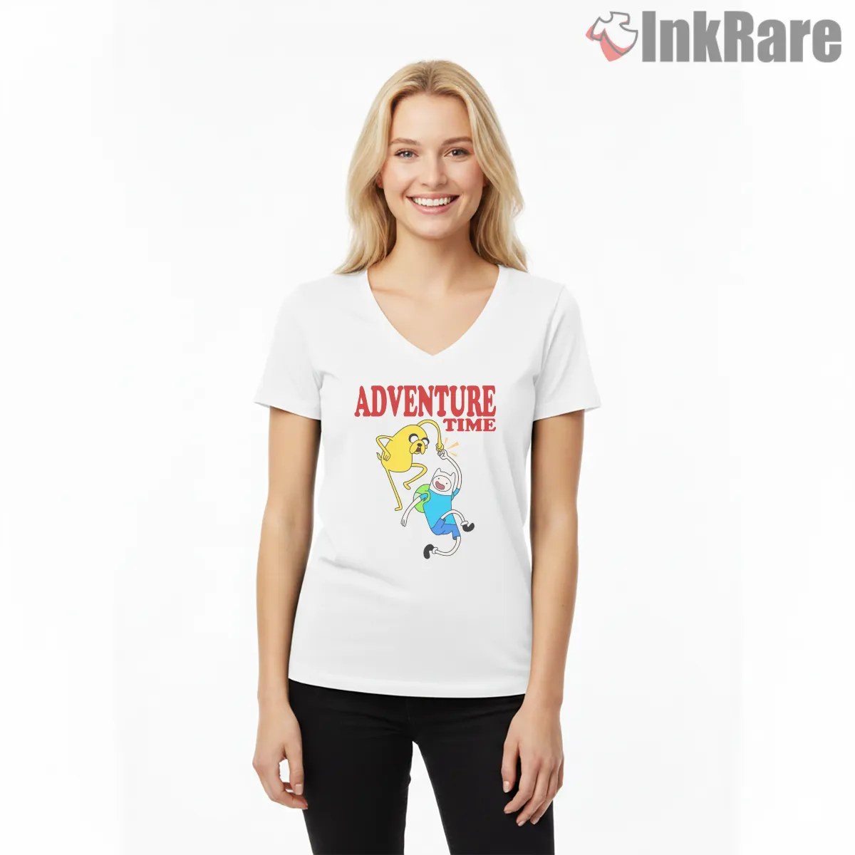 Finn And Jake Jumping Adventure Logo Cartoon V Neck White Finn And Jake Jumping Adventure Logo Cartoon Shirt on white v-neck shirt for women graphic tee