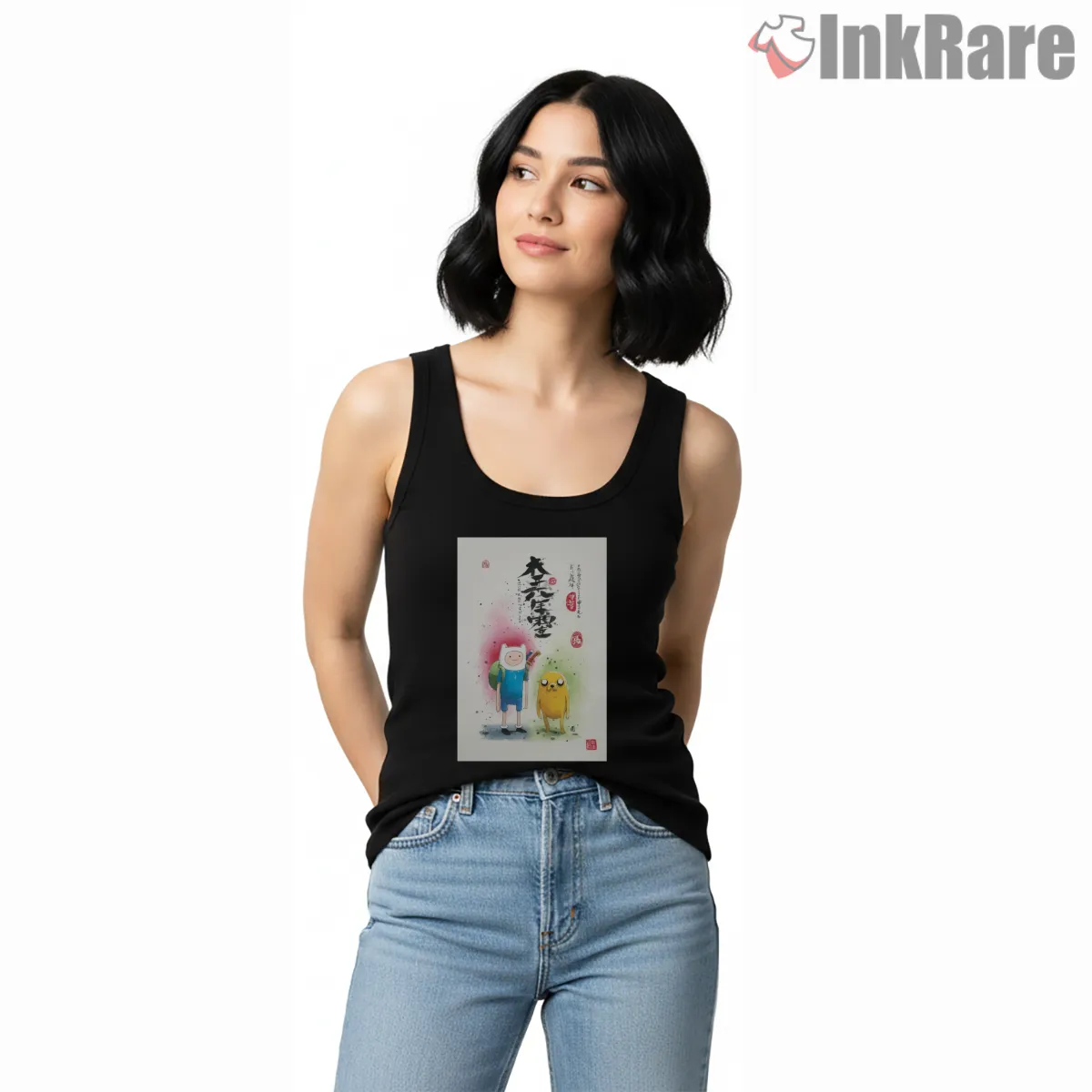 Finn And Jake Minimal Ink Brush Painting Cartoon Tank Top Black Finn And Jake Minimal Ink Brush Painting Cartoon Shirt on black tank top for women graphic tee