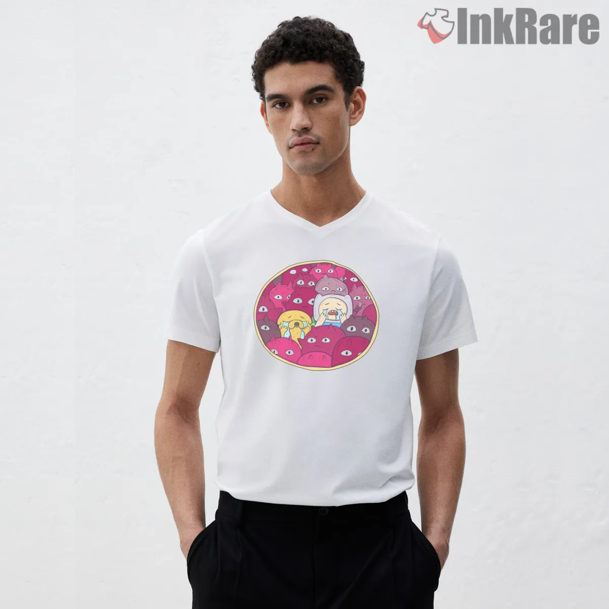 Finn And Jake Nightosphere Dark Fantasy Cartoon V Neck White Finn And Jake Nightosphere Dark Fantasy Cartoon Shirt on white v-neck shirt for men graphic tee