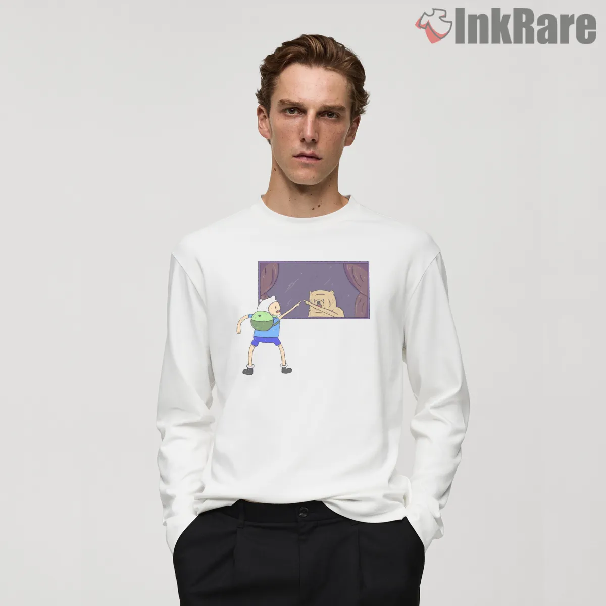 Finn And Jake Reflection Mirror Scene Cartoon Long Sleeve White Finn And Jake Reflection Mirror Scene Cartoon Shirt on white long sleeve shirt for men graphic tee