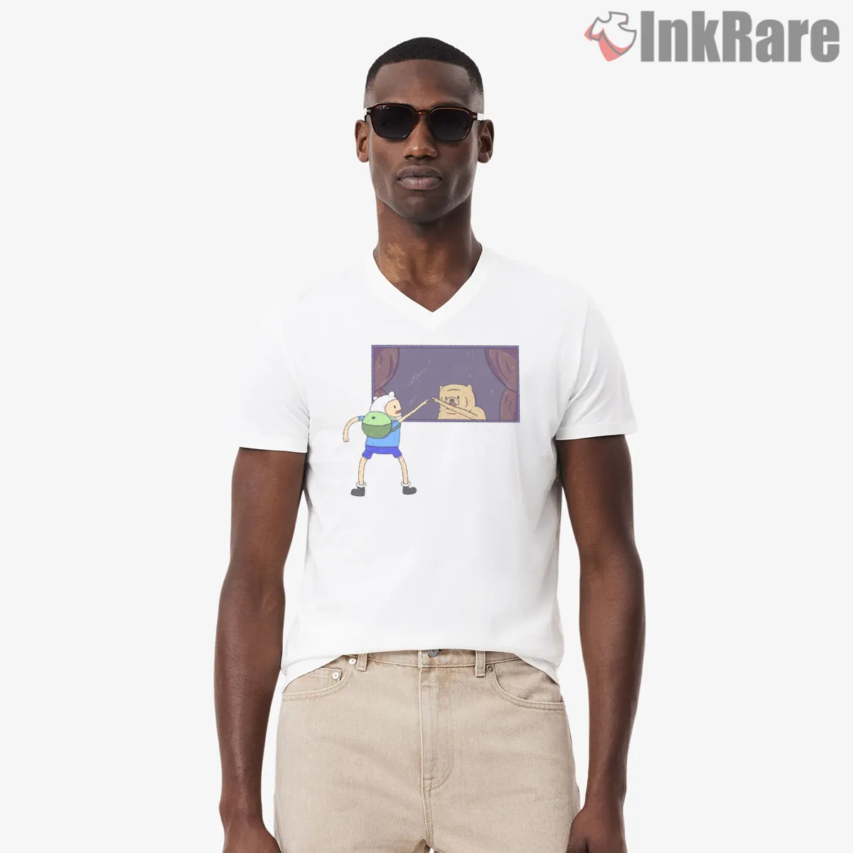 Finn And Jake Reflection Mirror Scene Cartoon V Neck White Finn And Jake Reflection Mirror Scene Cartoon Shirt on white v-neck shirt for men graphic tee